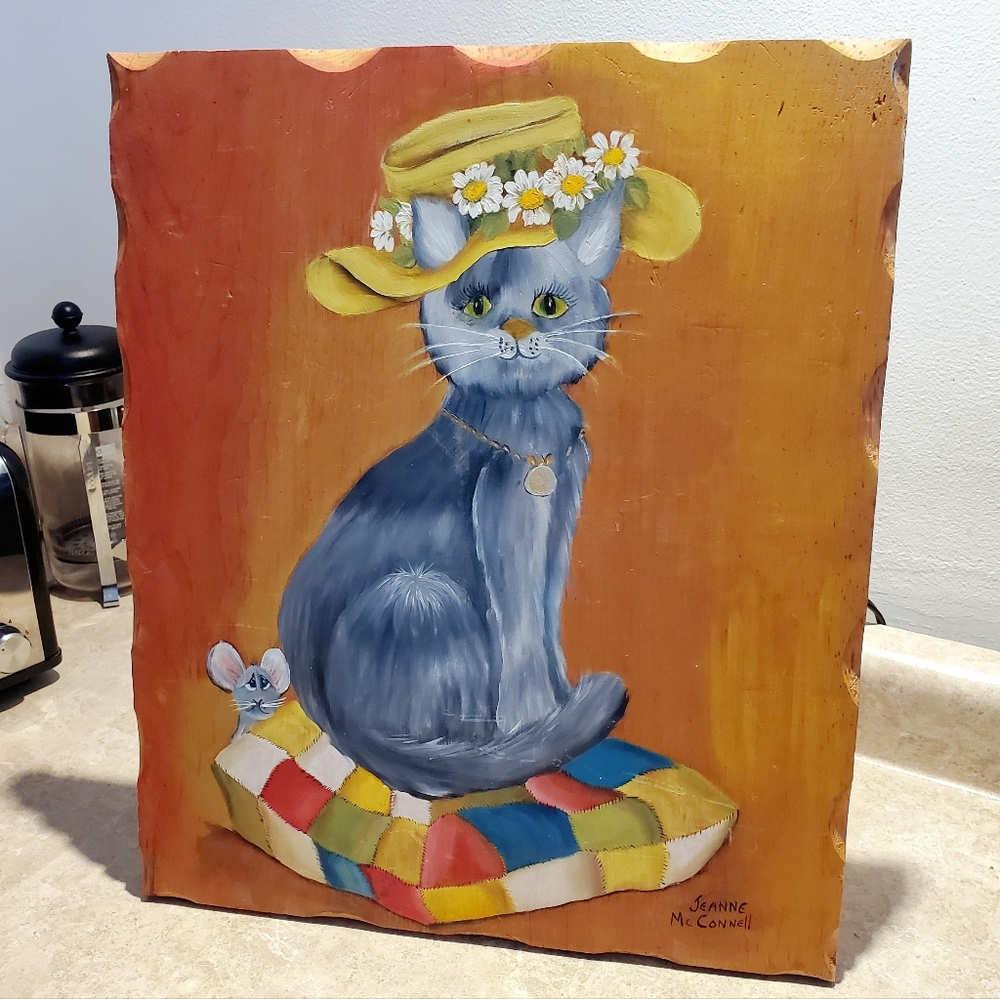 Beautiful Handpainted "Cat lady with mouse companion" Art Piece on Wood Board